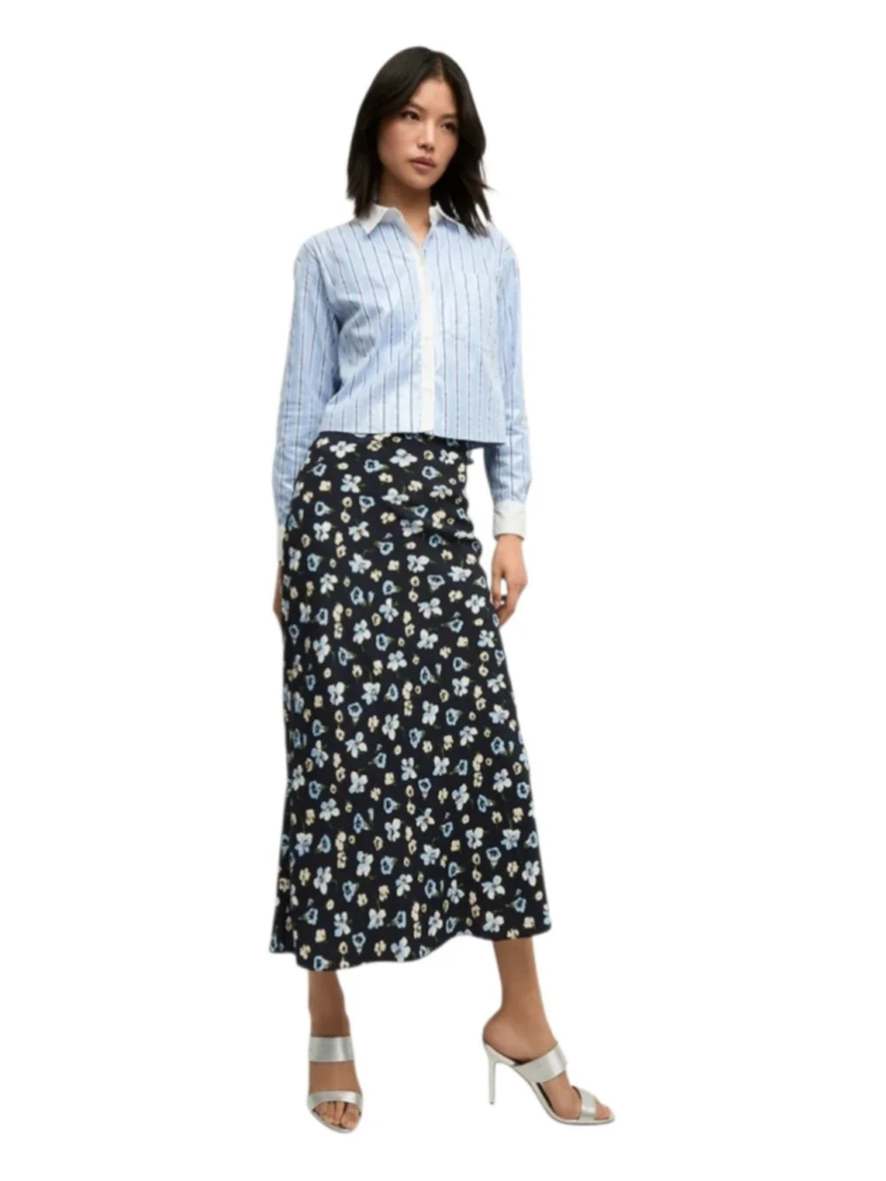 Veronica Beard Clover Floral Silk Blend Midi Skirt Size 4 Navy Luxury Silky